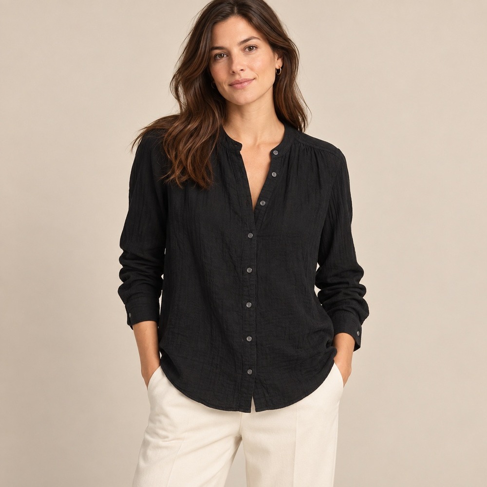 Gap S Black Cotton Band Collar Button Blouse Minimalist Capsule